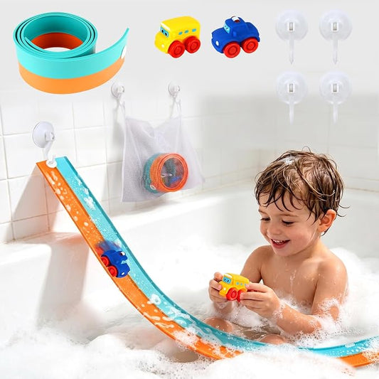Race Car Bath Toy Set, 8-Piece Long Flexible Dual-Color Bathtub Track Set with 2 Mini Cars, Mesh Storage Bag, 4 Strong Suction Cups– DIY Bathtub Water Slide Toys for Kids