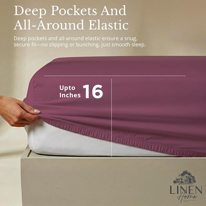 Linen Home 100% Cotton Percale Sheets Twin XL Size, Damson Berry, Deep Pocket, 3 Pieces Set- 1 Flat, 1 Fitted and 1 Pillowcase, Crisp Cool and Long Staple Strong Bed Linen