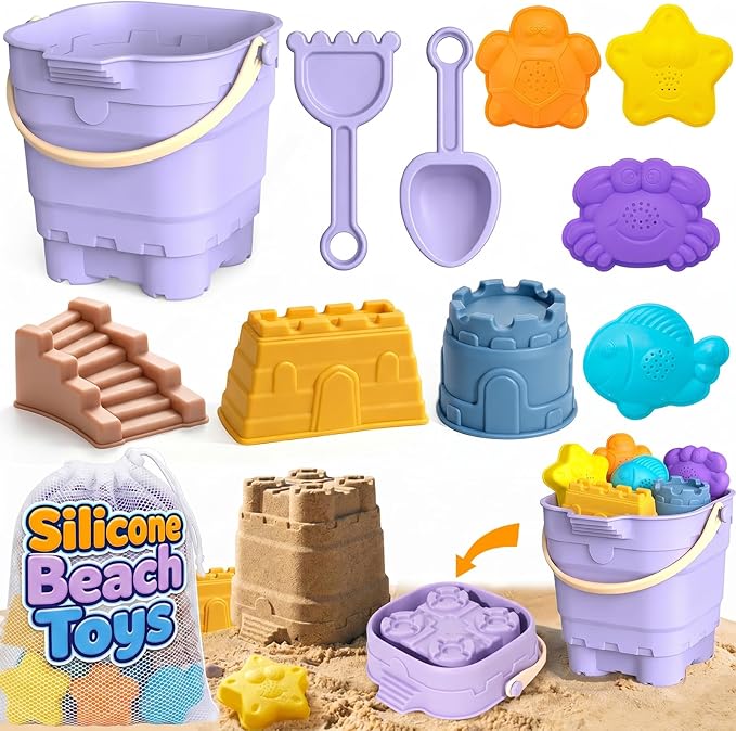 AuntyFey 11Pcs Silicone Beach Toys, Baby Beach Sand Toys, Sand Sandbox Toys for Toddlers 1-3, Collapsible Sand Buckets for Kids with 4 Plastic Sand Mold, 3 Silicone Castle Sand Mold and Mesh Bag