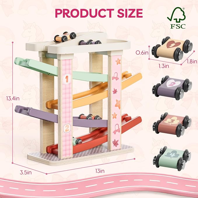 TOP BRIGHT Toddler Toys for 1 Year Old Girl Gifts, Wooden Car Ramp Race Track Set, Car Toys for Toddlers with 4 Cars and a Garage, Montessori Toys for 2 Year Old Girl, Birthday Gift for Age 18+ Month