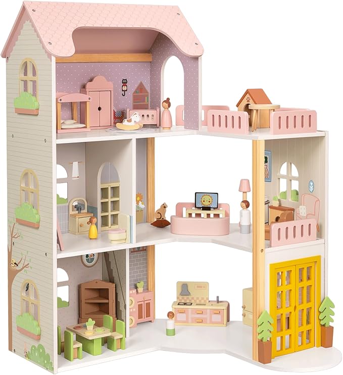 OOOK Wooden Dollhouse with 60 Pcs Luxurious Furniture Accessories, Including 4 Dolls and 2 Pets, Large 3-Story Doll House with 6 Rooms, Doll House for 3 Year Old