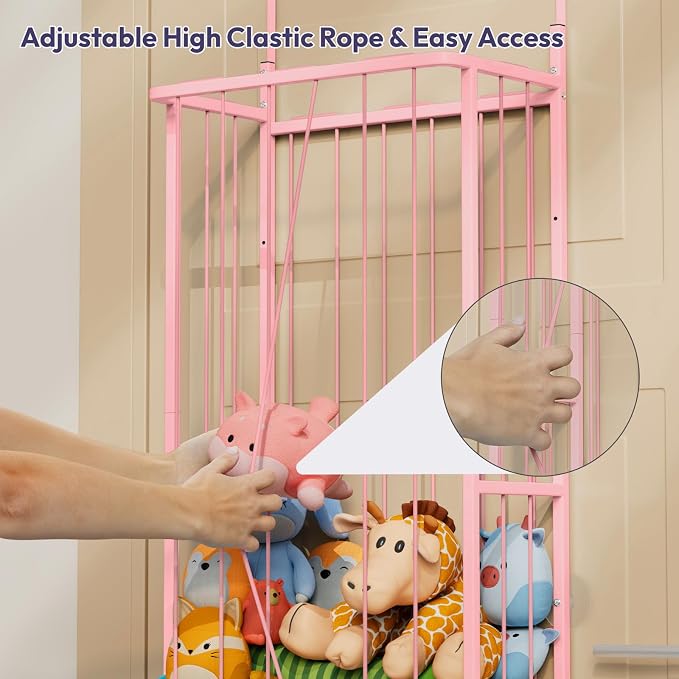 SWTYMIKI Hanging Stuffed Animal Storage, Full Pink, 3-Tier | Over Door, Wall Mounted or Corner, Large Plush Toy Organizer, For Nursery & Kid Room Bedroom