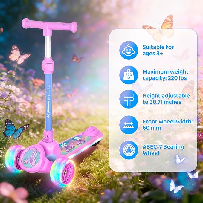 Nattork Kids Scooter for Girls with Light Up Wheels, Deck and Headlight, Wide Anti-Slip Deck and T-bar Handle with Rear Foot Brake, Adjustable Height 3 Wheel Scooter for Kids Ages 3+ and up to 220Lbs