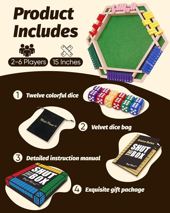 Original Classic 2-6 Player Shut The Box Game, Math Dice Board Game for Family Night Classroom Travel, Wooden Classic Table for Group Kid Adult Senior Camp Party Bar Easy Quick and Fun