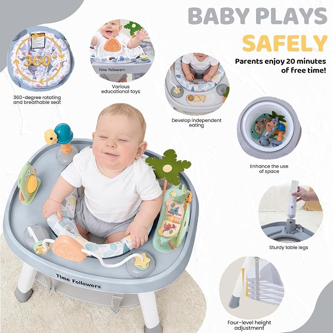 Time Followers® 6-in-1 Baby Activity Center | 4 Stage Montessori-Inspired Toys | Grow Stationary Standing Toddler Table | Jumpers & Bouncers | Must Have for Boy & Girl 6, 12, 24+ Month Old (Grey)