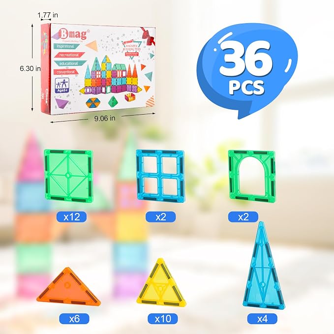 Bmag Magnetic Tiles, 36 PCS Building Blocks for Toddlers, 3D Magnet, STEM Educational Learning Building Blocks for Kids Children, Stacking Montessori Toys Gifts for Boys Girls