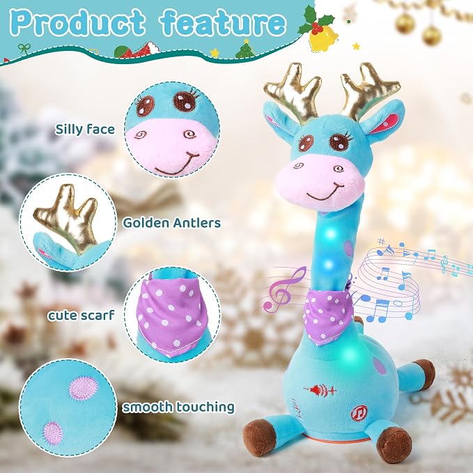 Dancing Talking Giraffe Toy, Stuffed Animal Baby Toy Repeating What You Say, Glowing Musical Giraffe Gifts for Toddlers 1-3 Years Old, for Kids (Blue Giraffe Antlers)
