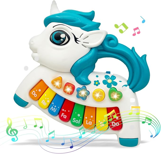 Baby Music Toys for Toddlers, Light Up Music Baby Toys for 18+ Months Early Learning Educational Piano Keyboard Infant Toys Baby Boy Girl Gifts (Unicorn-Blue)