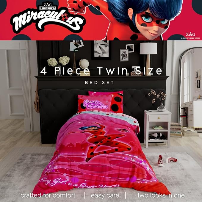 Miraculous: Tales of Ladybug and Cat Noir Kids Bedding Super Soft Comforter and Sheet Set, 5 Piece Full Size, (Officially Licensed Product)