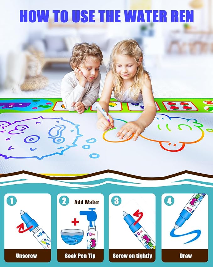 2 in 1 Water Doodle Mat,60 x 40 Inch Extra Large Drawing Mat with Backpack,Hopscotch Rug Design on Back,Educational Toys Gifts for Kids Boys Girls,Mess Free Painting for Toddlers Age 3-12 Year Old