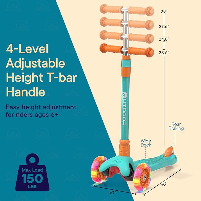 Outdoor Cruiser 3-Wheel Kids Scooter – with Lean-to-Steer Technology, Led Lighted Wheel, 4-Level Adjustable Height T-bar Handle, Support Kids Up to 150 Lbs, for Boys & Girls Ages 3-8, Aqua and Orange
