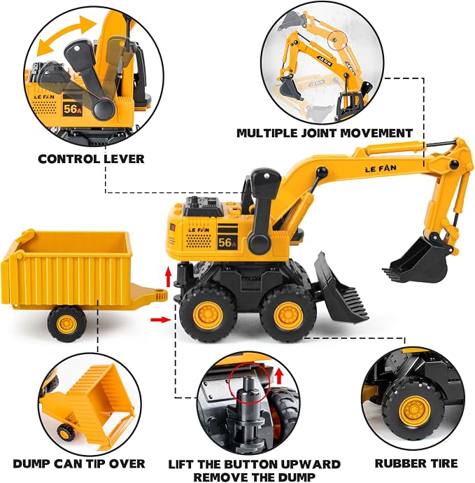 Kids Construction Toys for Boys - 3 in 1 Excavator, Crane and Dump Trucks with Road Signs for Toddlers Ages 3-5, Friction Power Construction Vehicles Model Car, Transport Truck Playset Birthday Gifts