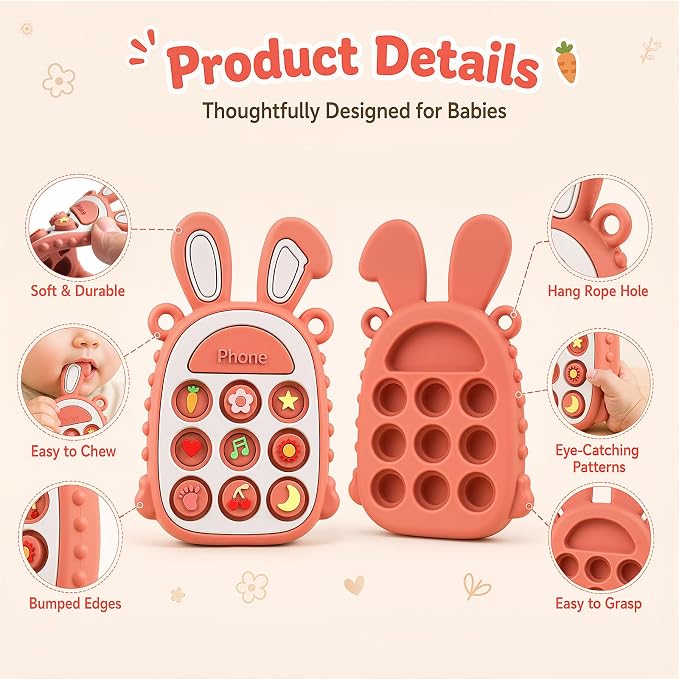Press Phone Teether for Baby Girls, Soft Silicone Teething Toy, Sensory Toy | Teething Relief, BPA-free, Freezer, for Baby 3 Months+, Cute Rabbit Design with Textures and 9 Patterns, Press & Pop for Fun!