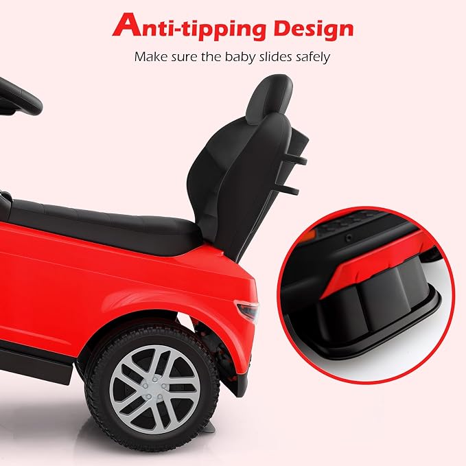 Licensed Push Car for Toddlers by INFANS, 3 in 1 Sliding Walking Car with Push Handle, Horn, Music, Underneath Storage, Foot-to-Floor Ride on Toys for Boys Girls (Red)