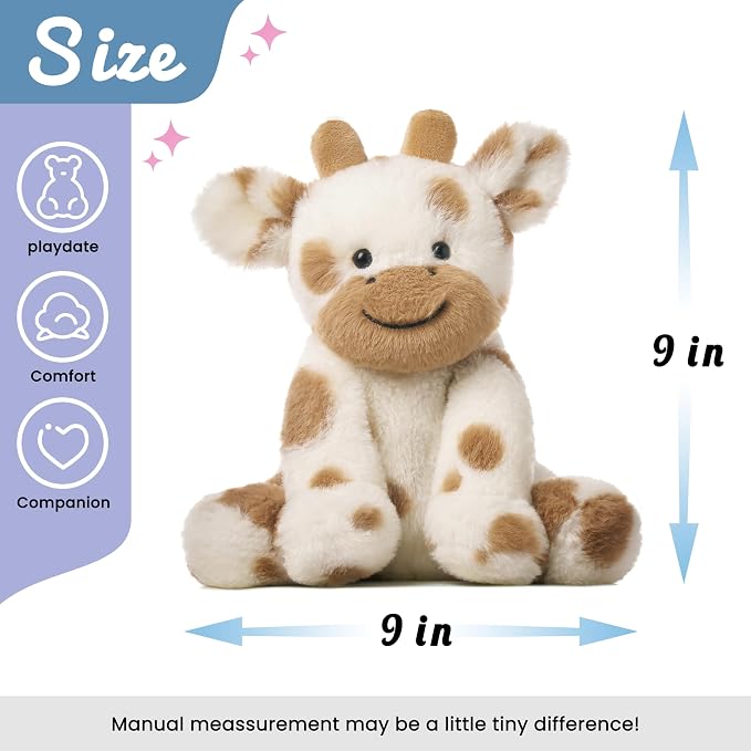 Hopearl Adorable Plush Cow Toy Floppy Kawaii Dairy Cattle Soft Stuffed Animal Cute Birthday Holiday Gift for Boys Girls Kids Toddlers, Light Brown, 9''