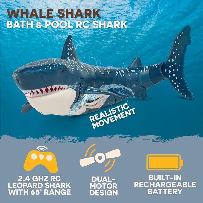 Terra by Battat - Remote Control Shark – Realistic Moving RC Whale Shark Toy for Water Play & Swimming Pools – Fun RC Pool Ocean Lake Toys for Kids – Battery-Operated Floating Toy - 3 Years +
