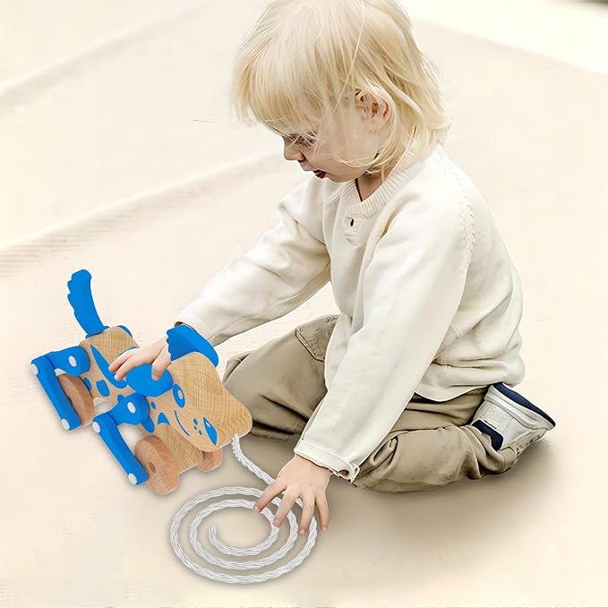 Montessori Toys 1 2 3 4 Years Old Boys Girls Wooden Walking Pull Dog Toy for Baby Toddler, Pull Along Walking Toys, Walk Along Puppy Pull, Wooden Pull & Push Toy (Blue)