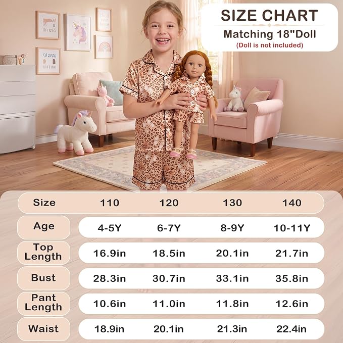 FIOBEE Girls Satin Pajamas Doll Matching Clothes, Stain Button Down Pjs Set Fits 18 Inch Dolls Soft Silky Toddler Kids Sleepwear Brown Leopard