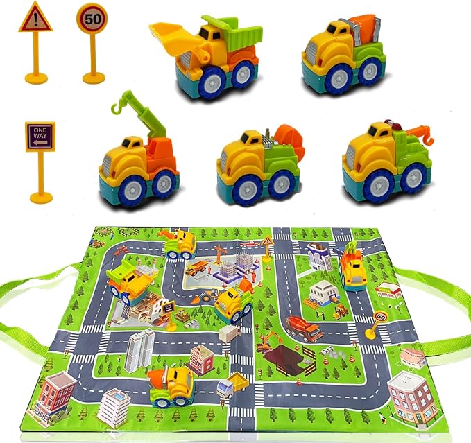 Construction Toy Trucks and Play Mat – Build & Play Vehicles with Foldable Mat & Storage Bag | Portable Travel Toy for Toddlers Kids Ages 2-5 | Easy Storage & Transport for Fun On-the-Go