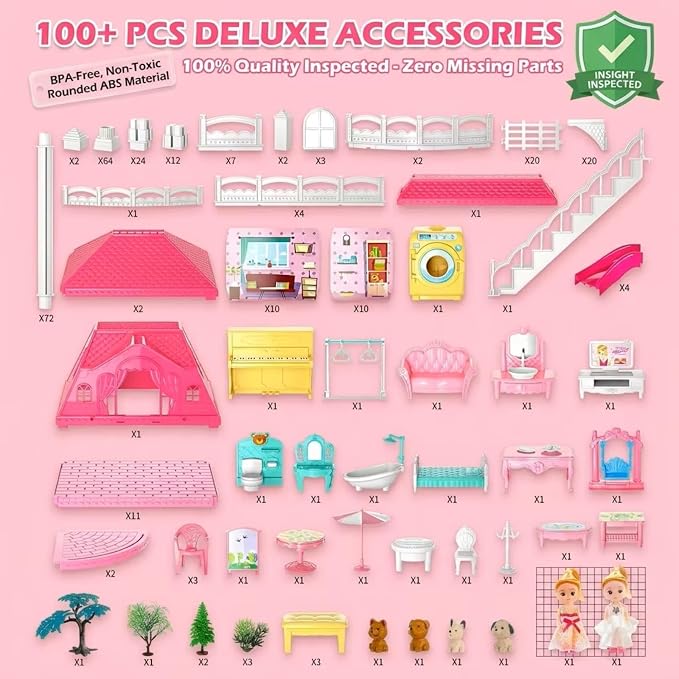 Doloowee 4-Story Dollhouse with Slide & 2 Dolls, 10-Room Toy Playhouse | Ideal screen-free play for girls ages 3-8; perfect for birthday parties, Christmas, and princess bedroom activities.