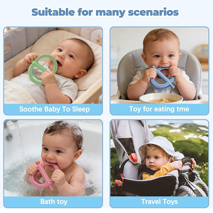 3 Pack Baby Teething Toys, Anti Dropping Wrist Hand Teethers & Easy-Grip Teether Ring, Food-Grade Silicone for Teething Relief, Newborn Essentials Chew Toys 0-12 Months（Blue&Pink&Green）