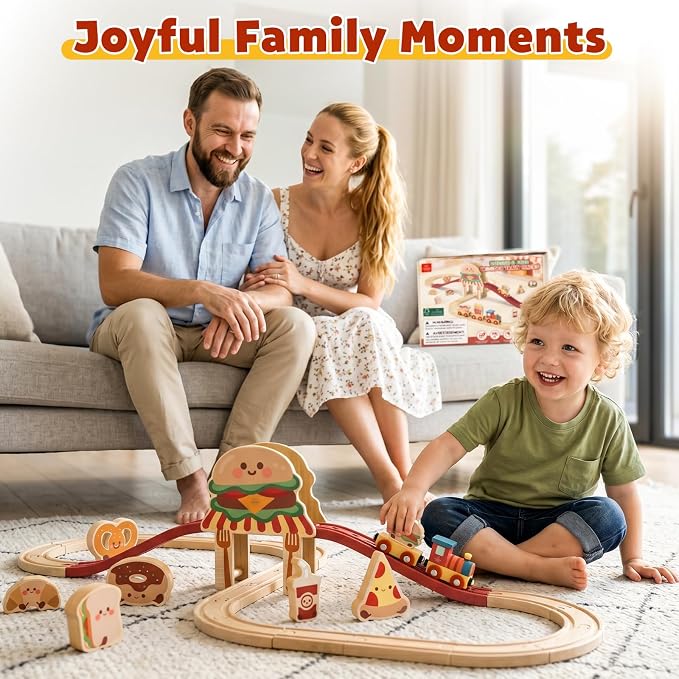 Lehoo Castle Wooden Train Set for Toddlers 2-4, Burger Theme Train Track Set Compatible with Major Brands, Expandable Wooden Railway Toy, Gift for Boys & Girls Ages 3-5