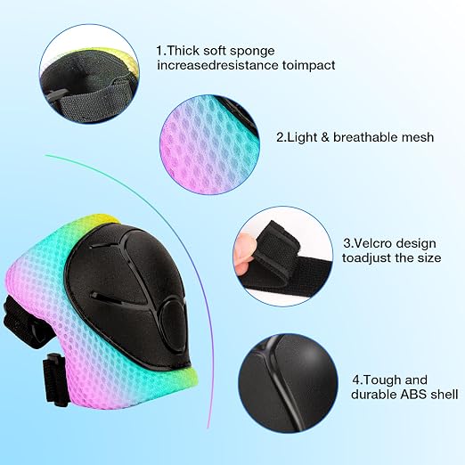 Kids Protective Gear Set - Knee Pads Elbow Pads with Wrist Guards for Ages 3-12 | 3-in-1 Safety Protective Gear for Skating, Cycling, Biking, Roller Skates, Scooters (Yellow blue pink, ‎M(8-12Years))