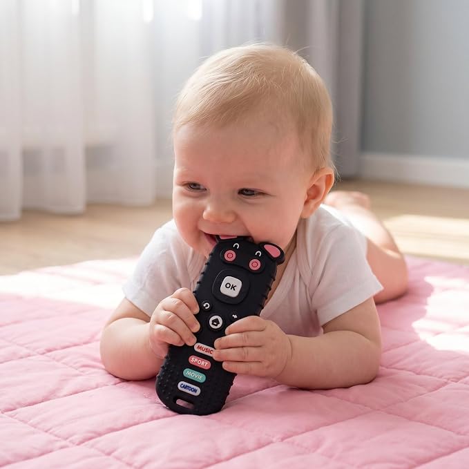 SOLIFEGOBLE Remote Control Teether for Babies 3-18 Months, Cute Pig-Shaped Silicone TV Remote Teething Toy, BPA-Free Soft Chew Toy with Textured Buttons, Teething Relief for Infants Boys Girls (Black)