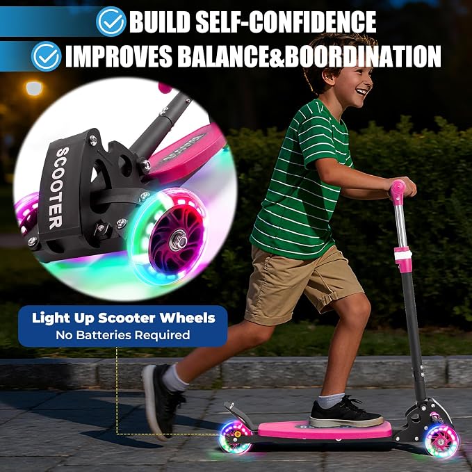 3 Wheel Scooter for Kids Ages 3-12, LED Light-Up Kids Kick Scooter–Portable Foldable, Adjustable Height, Durable Metal Construction, 6" Extra Wide Deck for Outdoor Activities,Child Safety Certified