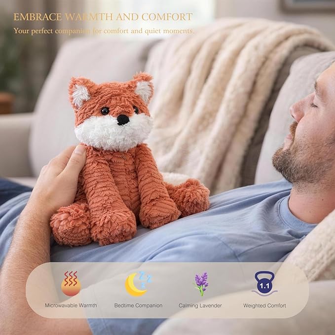 KOWSI® Microwavable Heating Pad Vulpes Red Fox Plush - Weighted Stuffed Animal Toy Tourmaline Beads & Lavender - 1.1 lb for Long Lasting Cozy Warmth & Relaxation - Includes Gift Box & Greeting Card