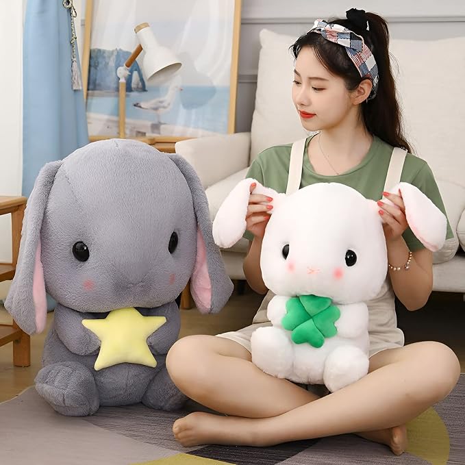 HOUPU Soft Toy - Sitting Lop Eared Rabbit, Easter White Rabbit Stuffed Bunny Animal with Carrot Soft Lovely Realistic Long-Eared Standing Pink Plush Toys (Gray-Star,25.5in/65cm)