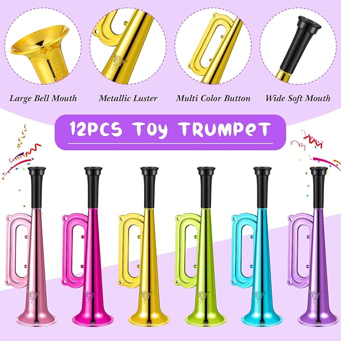 Poen 12 Pcs Toy Trumpet Kids Mini Metallic Trumpet Parties Musical Blow Horn Instruments Plastic Noise Makers for Kids Events Party Favors Music Class Stage Props 7 Inch Easter Day(Colorful)