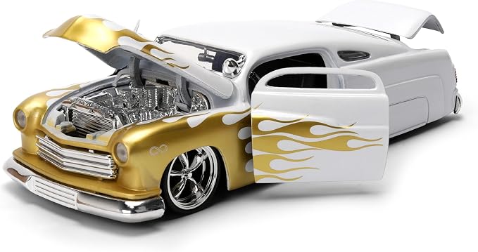 Jada Toys Bigtime Muscle 1:24 1951 Mercury Die-cast Car – Opening Doors, Hood, Trunk, Rubber Tires(White/Gold Flames)