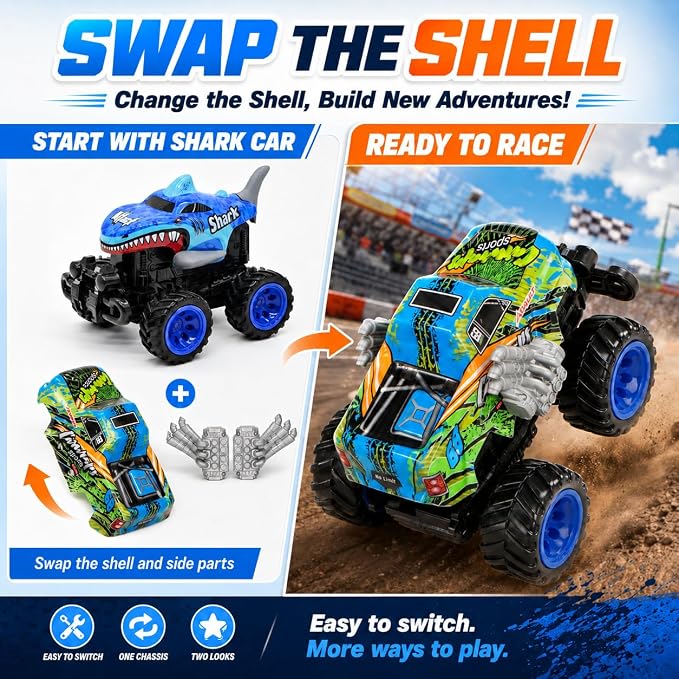 2 Exploding Pack Monster Trucks for Boys Age 4-7, Dinosaur and Shark Light Up Push and Go Toy Cars with Music, Friction Powered Birthday Gifts for Kids Ages 3-7