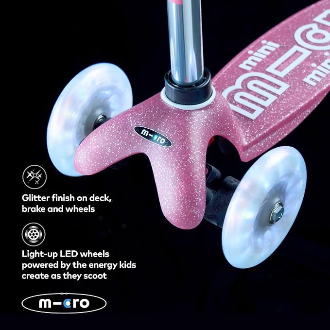 Micro Kickboard | Mini Deluxe Glitter LED Kids Scooter for Ages 2–5 | Children up to 110 lbs | 3 Wheel Lean-to-Steer Design | Adjustable T Bar | Motion-Activated PU LED Wheels | Swiss Design