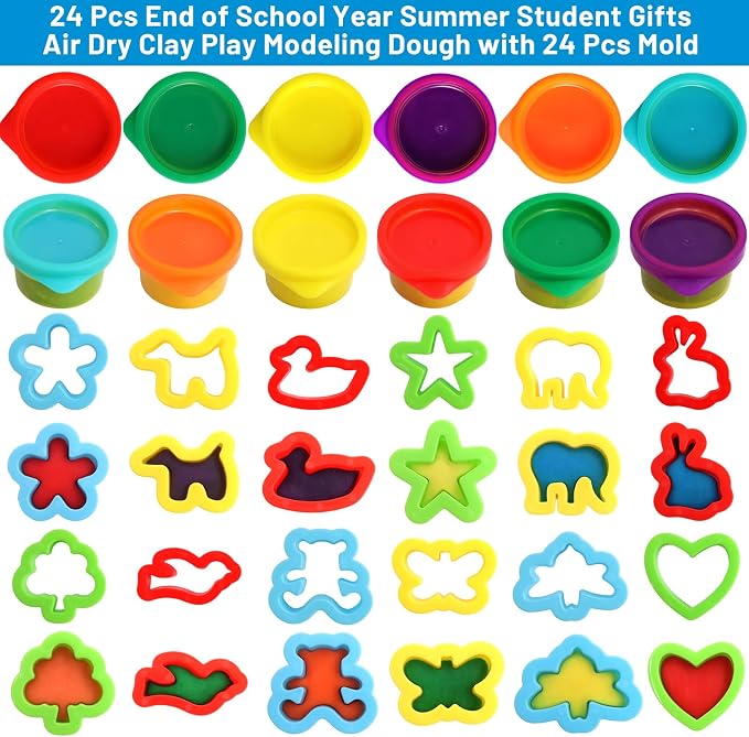 Ceiba Tree End of School Year Student Summer Gifts from Teacher Playdough Last Day of School Gifts for Kids Students Bulk 24 Boxes Air Dry Clay Play Modeling Dough 24 Cutters Molds 24 Cards 24 Bags