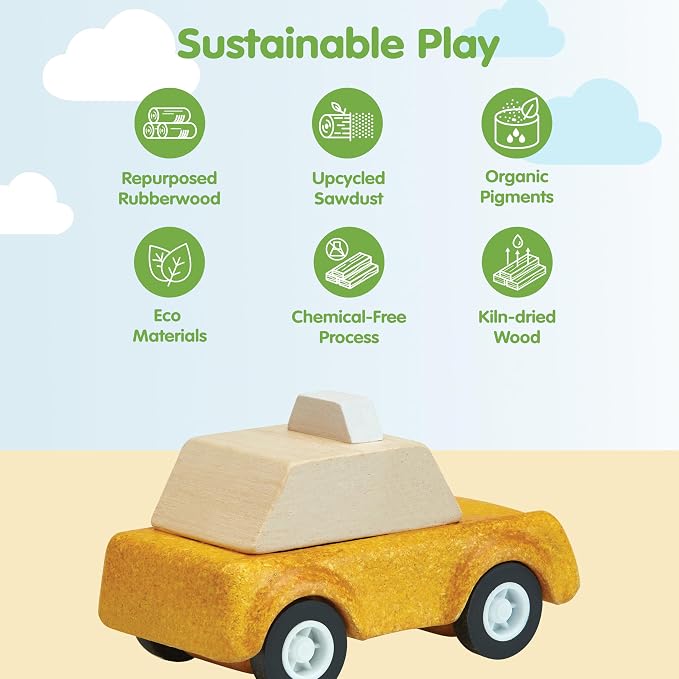 PlanToys® Yellow Taxicab Wooden Montessori Vehicle Toy | Early Movement, Imagination and Practical Life Exploration | Eco Friendly Taxi for Indoor and Outdoor Play