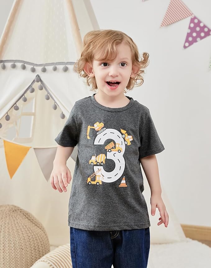 Lovekider 2-5 Years Birthday Boy Shirt Construction Party T-Shirts Excavator Cotton Short Sleeve Tee Dark Grey