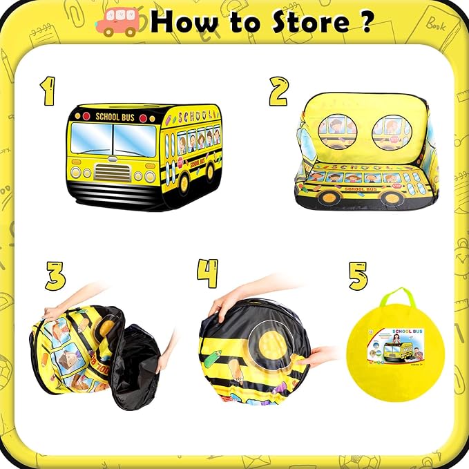 Pop Up Play Tent for Kids Aged 3-5 Years Old Boys and Girls : School Bus Tent Playhouse Toy Play Tents for Toddlers 3-5 Kids Tent Indoor Outdoor Playhouse Toys for 3 + Year Old, School Bus