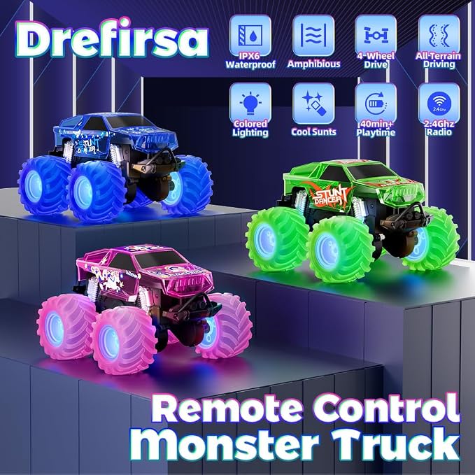 Drefirsa Blue Monster Truck Toy, Amphibious Remote Control Car, 4WD All Terrain Off-Road RC Truck with Colorful Light, RC Stunt Car Toy for 6 7 8 9 10 11 12 Year Old Boy Birthday Gift