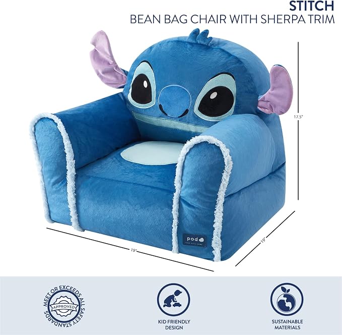 Disney Stitch Figural Bean Bag Sofa Chair with Armrests, Soft & Comfortable Kids Lounge Chair for Bedroom & Playroom, Ages 3+