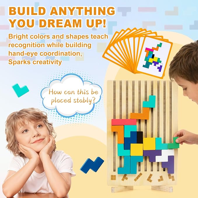 Wooden Montessori Blocks Puzzle for Kids, Russian 3D Colorful Brain Teaser Stacking Toy, STEM Educational Board Game for Toddlers, Ideal Birthday Gift for Boys Girls Ages 3 4 5 6