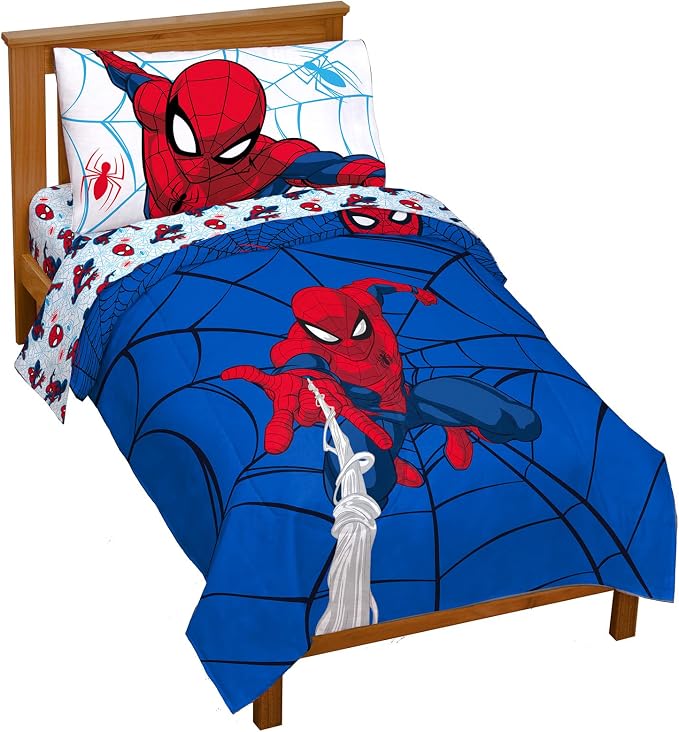 Jay Franco Marvel Spiderman 4 Piece Toddler Comforter Set - Super Soft Reversible Kids Bedding, Fade Resistant Microfiber, Machine Washable, Comforter & Sheet Set (Official Marvel Product)