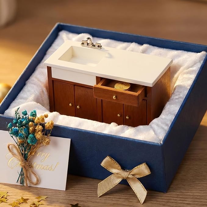 Dollhouse Furniture 1/12 Scale Miniature Sink Cabinet Wooden Bathroom Vanity Cabinet with Openable Drawer and Doors (Brown)
