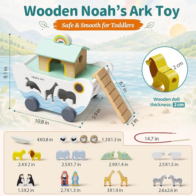 HASHMUST Wooden Noah's Ark Toy for 1 Year Old Baby Boy and Girl Gift - Pull Along Toddler Montessori Toy with Animal Shape Sorter Stacker for 1-3 Christmas Birthday Preschool Baptism Gift
