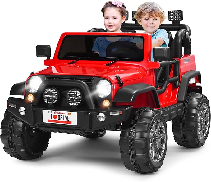 Costzon 2-Seater Ride on Truck, 12V Battery Powered Electric Vehicle Toy w/Storage, Remote Control, 3 Speed, LED Lights, MP3, Horn, Music, 2 Doors Open, Spring Suspension, Ride on Car for Kids (Red)