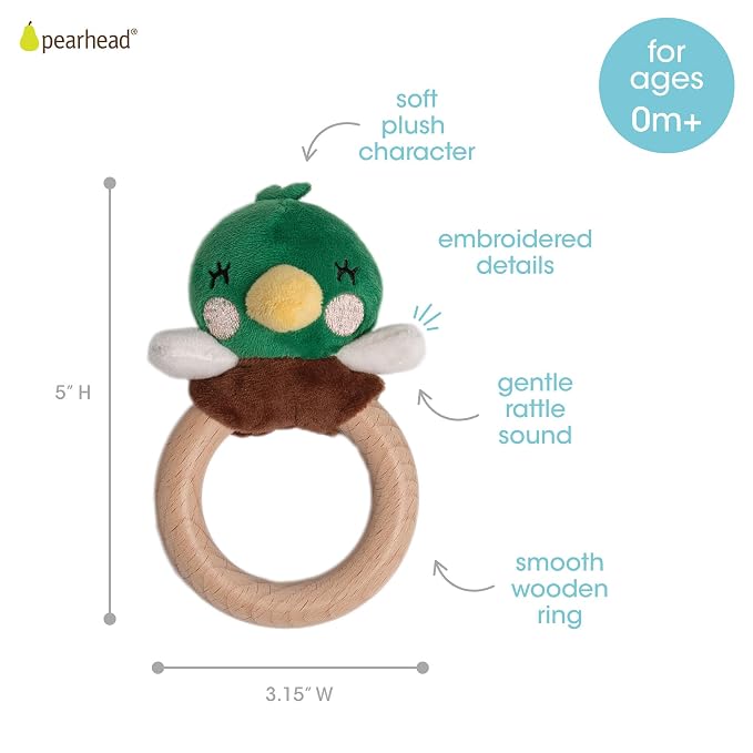 Pearhead Mallard Duck Wooden Baby Teether – Soft Plush Lovey with Natural Wood Rattle Ring, BPA & PVC-Free, Soothes Infant Gums, Multi-Sensory Newborn Essential for Boys, 0+ Months