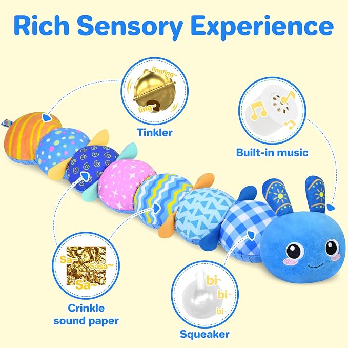 KMUYSL Baby Sensory Caterpillar Toys for 0-6 6-12 Months, Soft Plush Activity Toy with Crinkle, Rattle & Gentle Music, Tummy Time Toy for Infant Newborn, Early Development Toy Shower Gifts for Baby