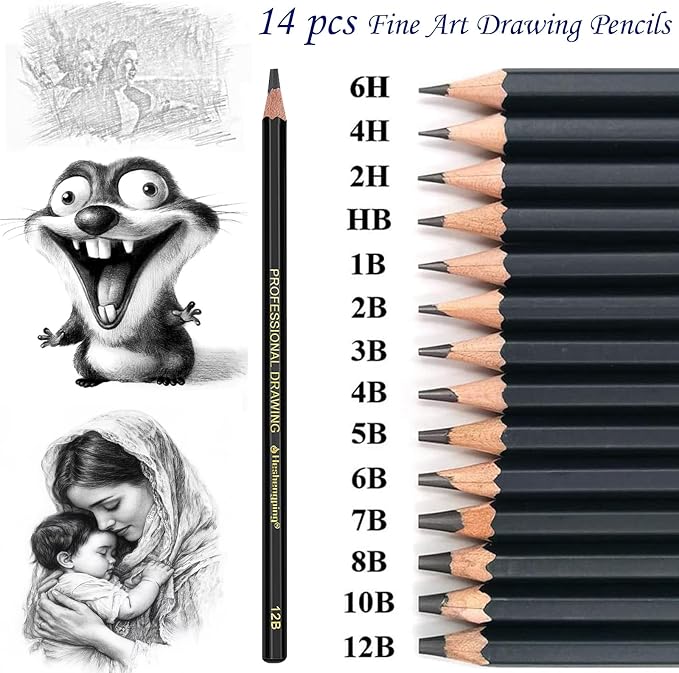 Heshengping, 41pcs Sketching Pencil Set Drawing Sketch Kit Graphite Charcoal Watercolor Pencils Blending Stumps 50page sketchbook, coloring book, Beginners Artist Teens and Adults