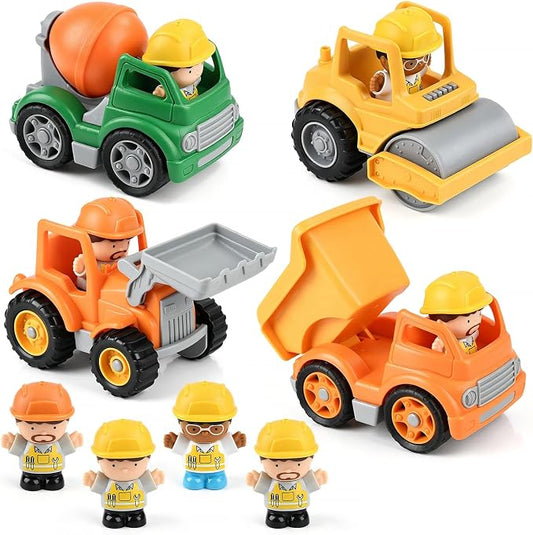 PLAY Recyclable 4 Pcs Construction Truck Toys with 4 Figures for Kids Ages 2 3 4 5 – Dump Truck Vehicle Toy Set, Non-Toxic Toy Car Gift for Toddler Boys and Girls